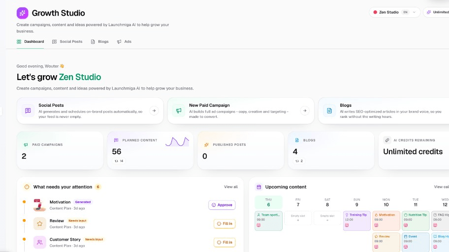 Growth Studio dashboard met geplande content en wat je aandacht nodig heeft