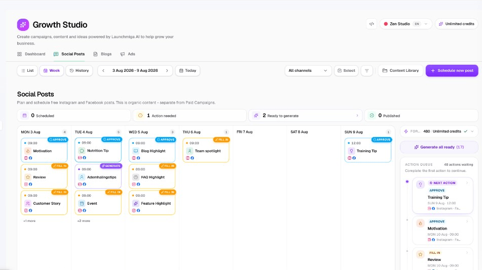 Weekplanner met social posts per dag voor Instagram en Facebook